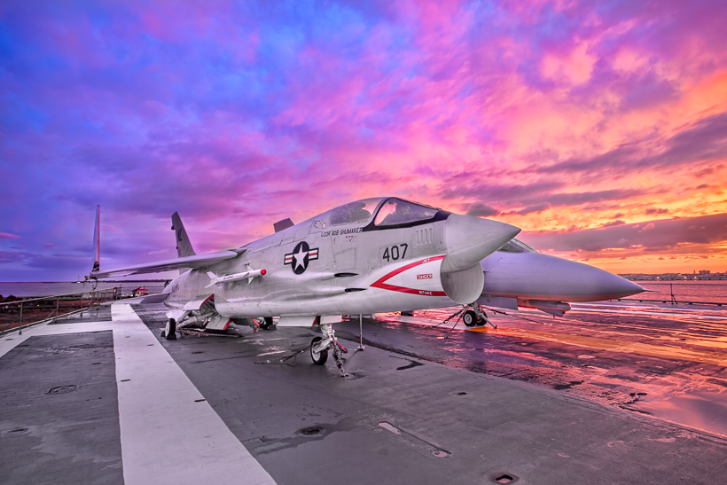 F-8K Crusader and F-14A Tomcat at sunset